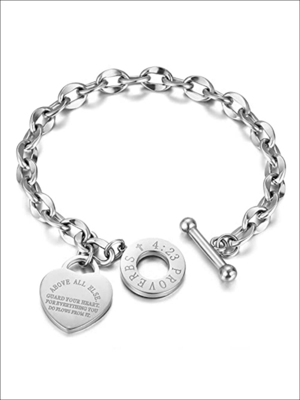 Stainless Steel Heart Charm Link Bracelet Bible Verse OT Toggle Clasp 7.87 in